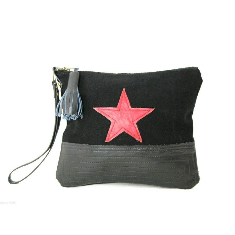 LARGE REBEL HANDMADE MURKA BLACK CANVAS RED STAR LEATHER WRISTLET CLUTCH HANDBAG